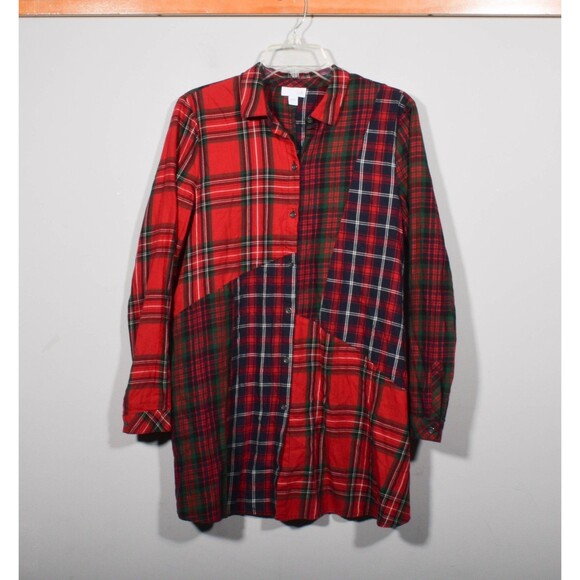 J. Jill Cotton Red Plaid Flannel Patchwork Long Tunic Top Button Up Shirt Sz S - Picture 2 of 4